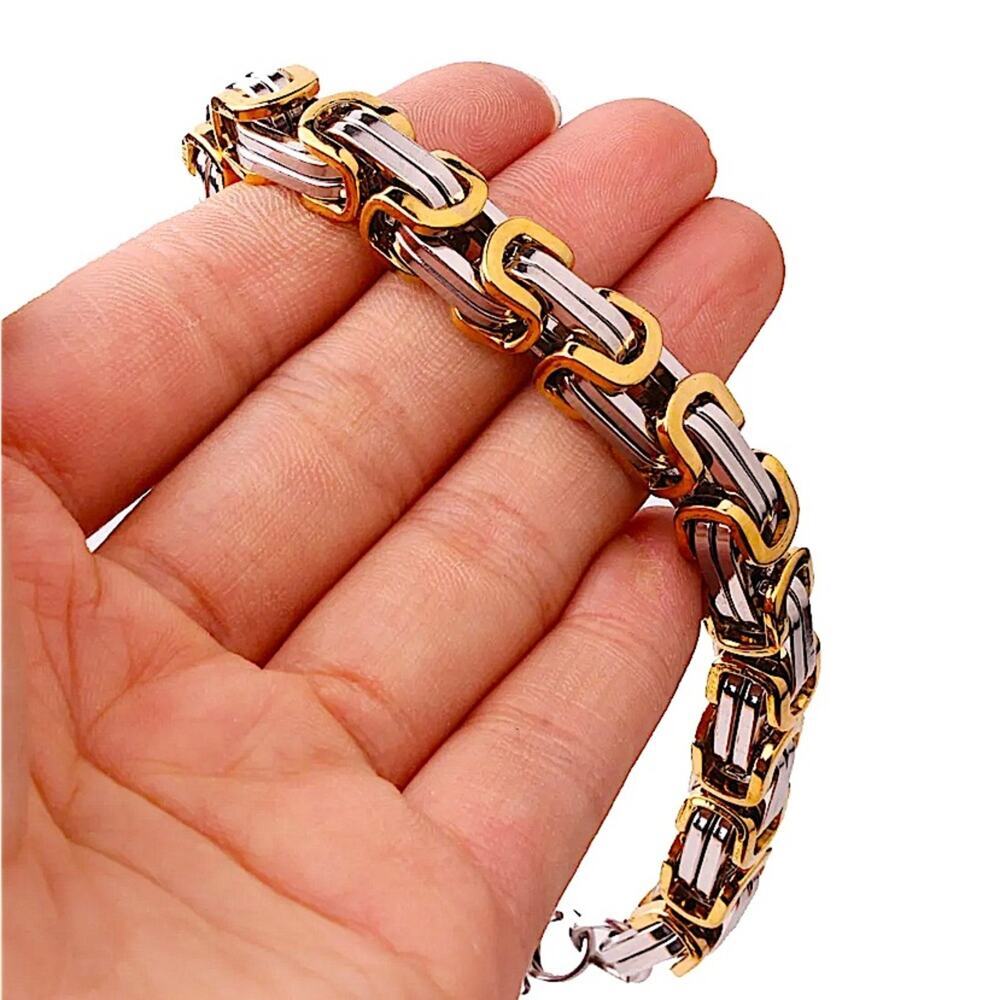 STAINLESS STEEL BYZANTINE MECHANIC SILVER GOLD BIKER BRACELET